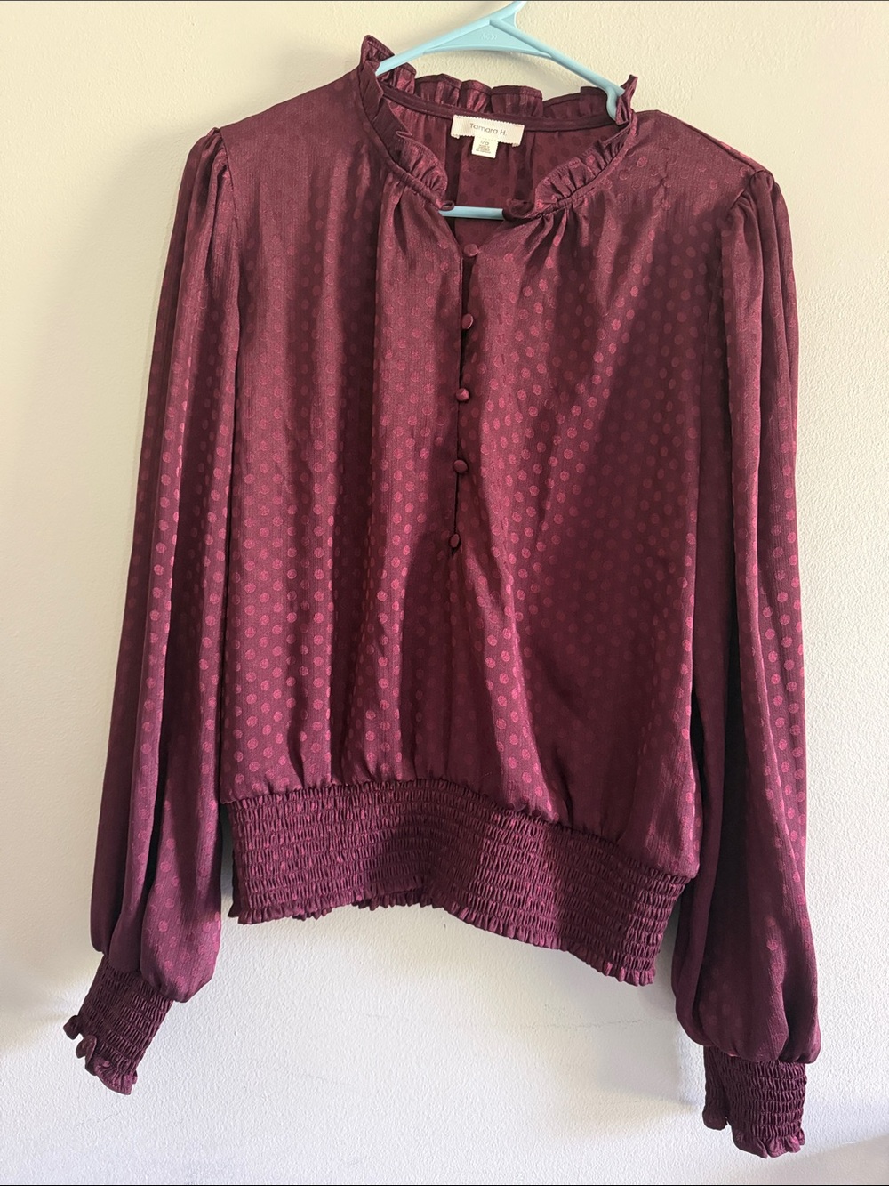 tamara HBurgundy Polka Dot Ruffle-Neck Long Sleeve Blouse